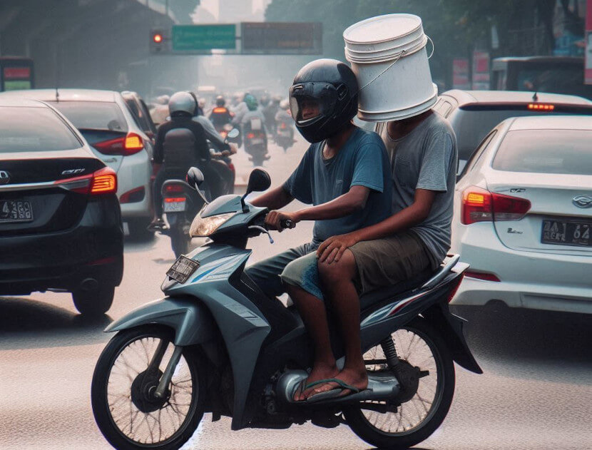 A man riding a motorcycle on a busy road with a passenger who is wearing a plastic bucket as a helmet
