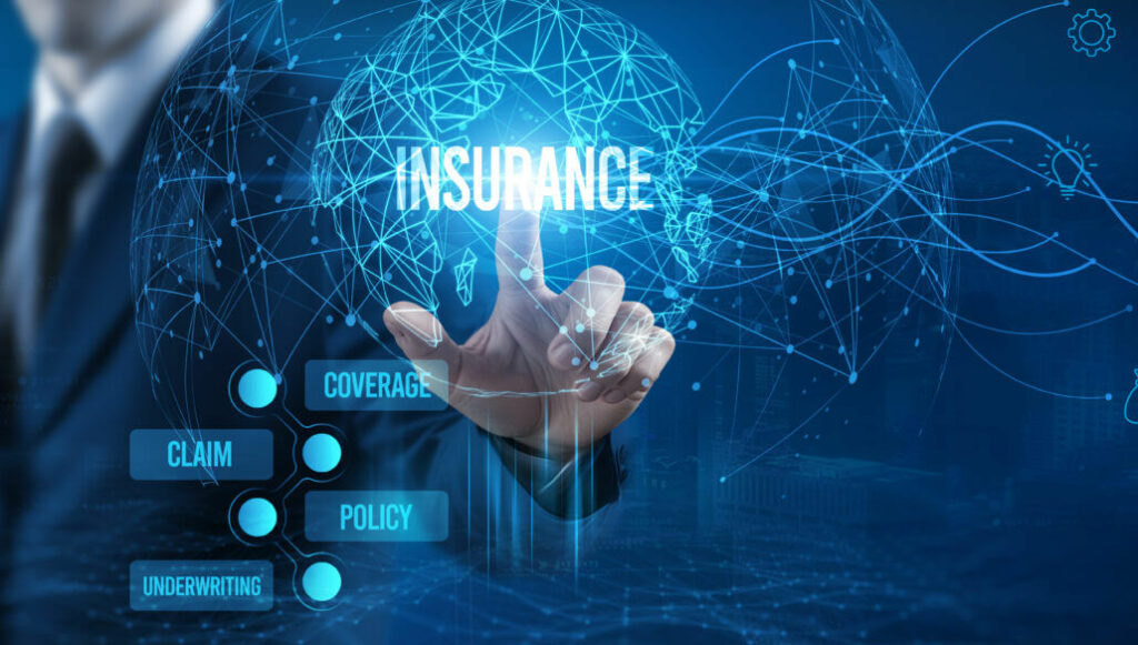 Businessman touching insurance icon on virtual interface, insurance technology.